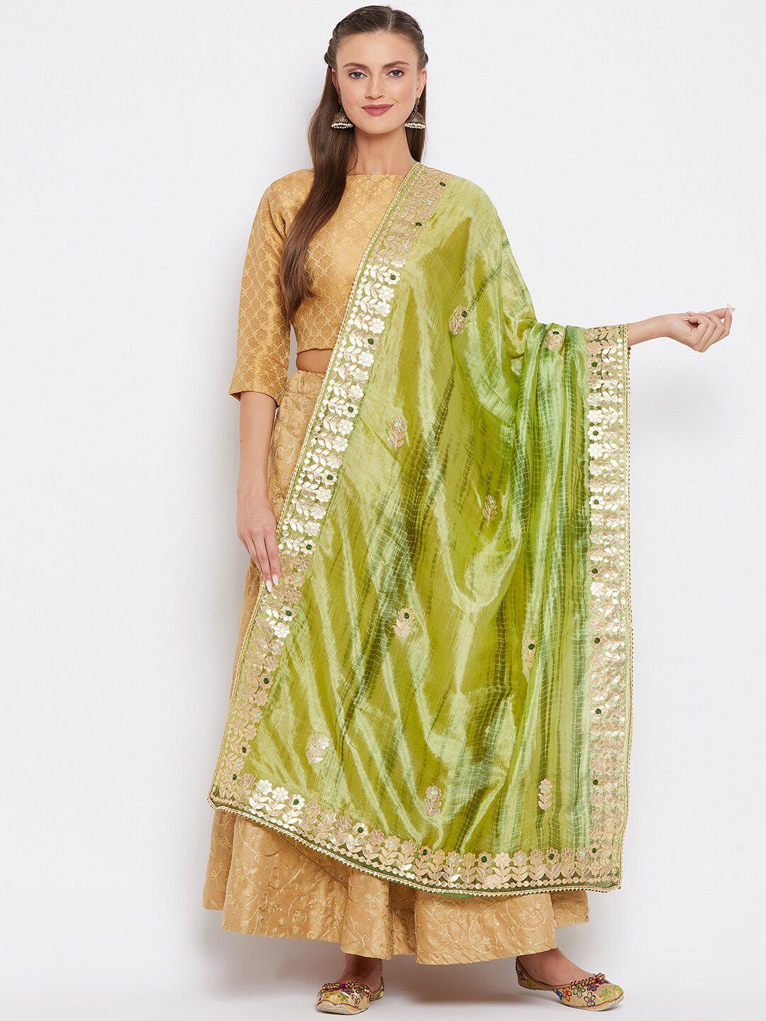 Clora Creation Green & Silver-Toned Dyed Dupatta with Gotta Patti Price in India