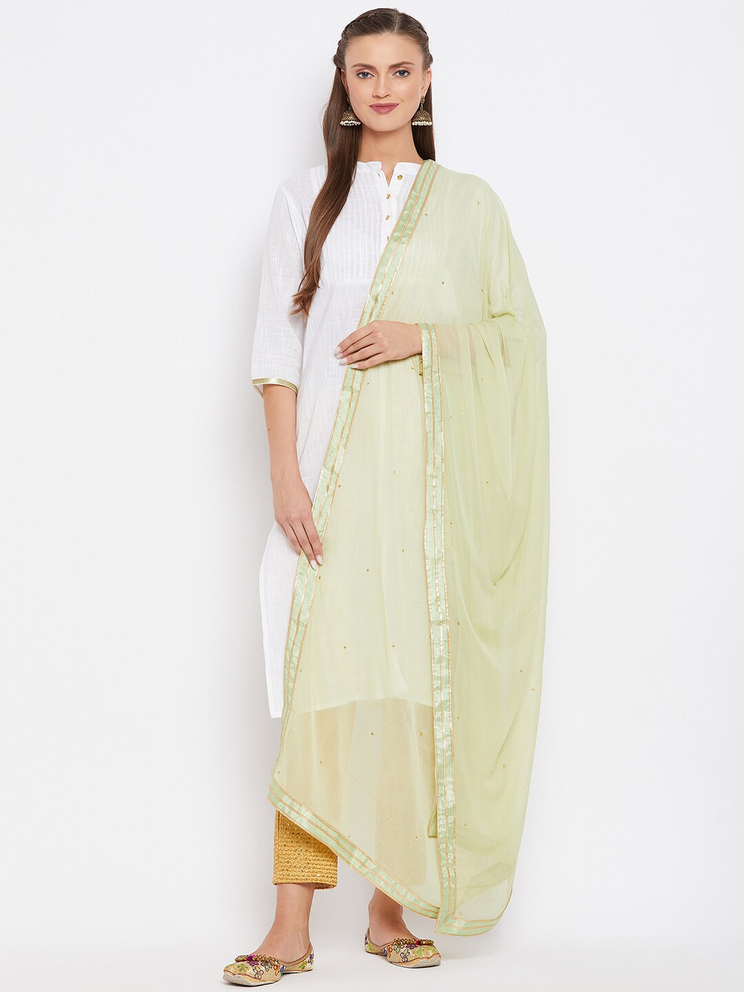 Clora Creation Green & Gold-Toned Solid Dupatta Price in India