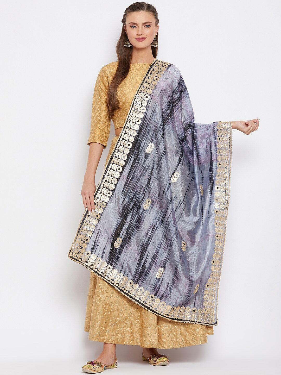 Clora Creation Grey & Gold-Toned Dyed Tie and Dye Dupatta with Gotta Patti Price in India