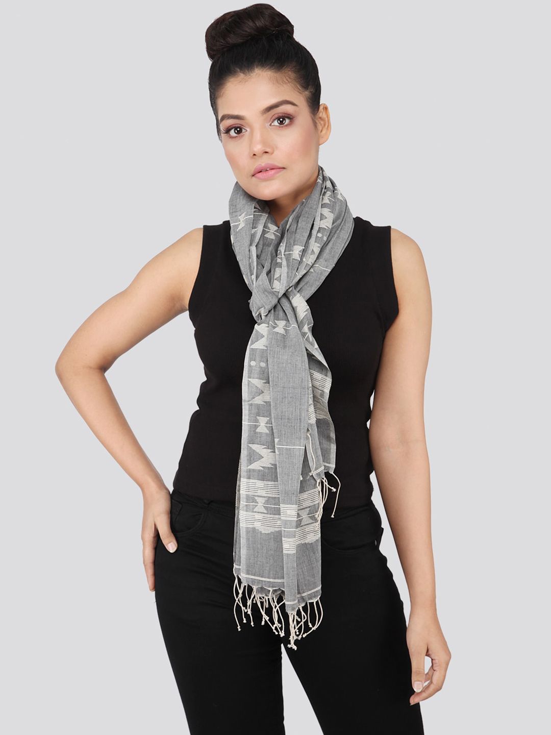 PinkLoom Women Grey & White Woven Design Sustainable Stole Price in India