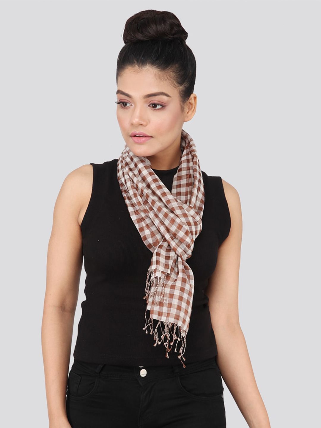 PinkLoom Women Off White & Brown Checked Sustainable Stole Price in India