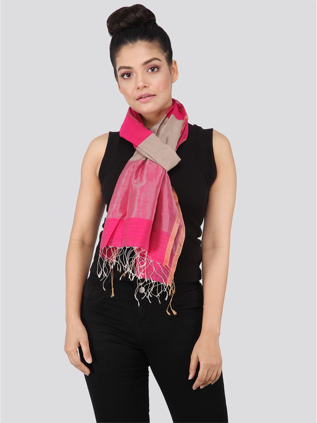 PinkLoom Women Pink & Beige Colourblocked Sustainable Stole Price in India