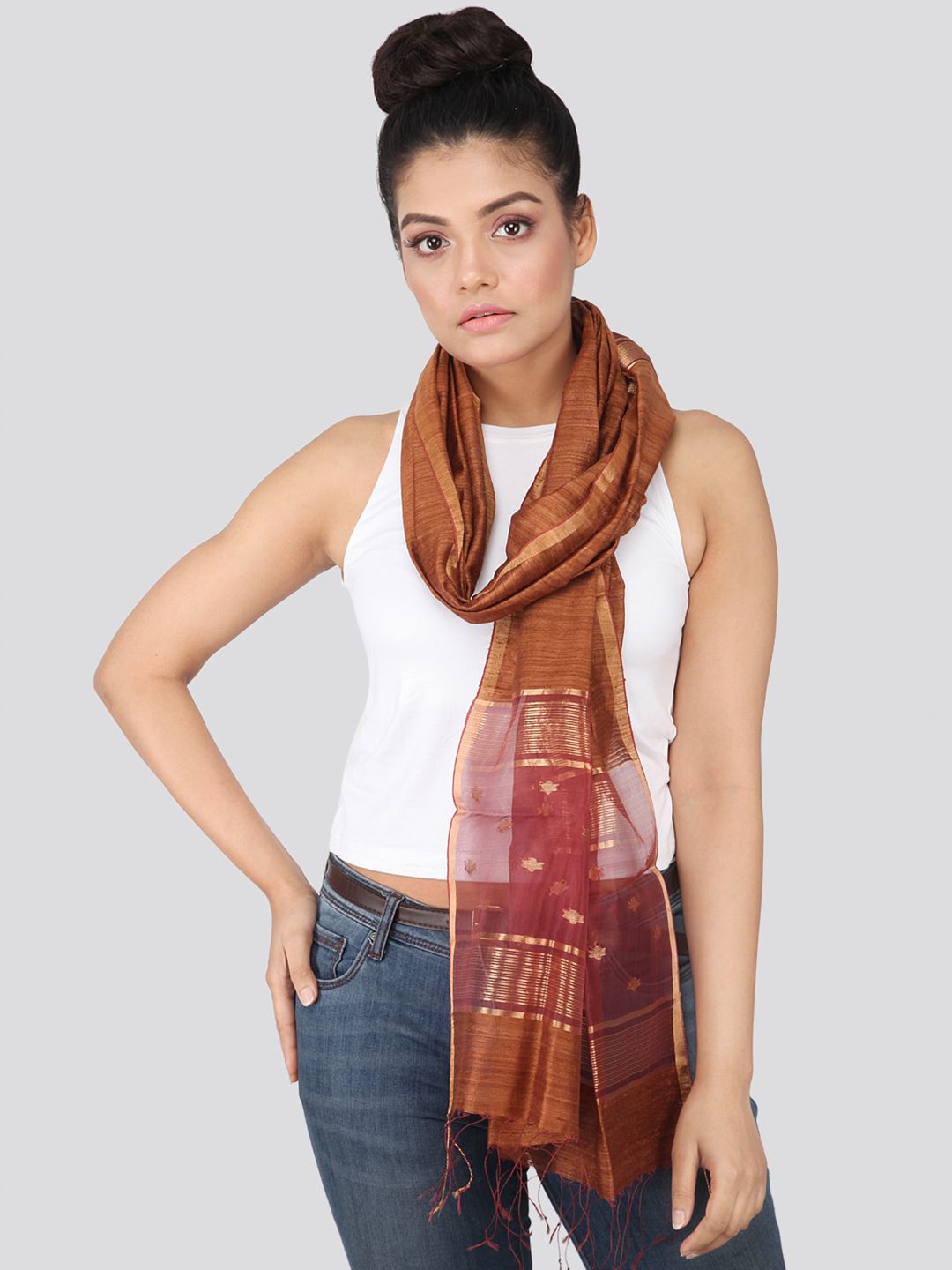 PinkLoom Women Brown & Maroon Woven Design Silk Sustainable Stole Price in India