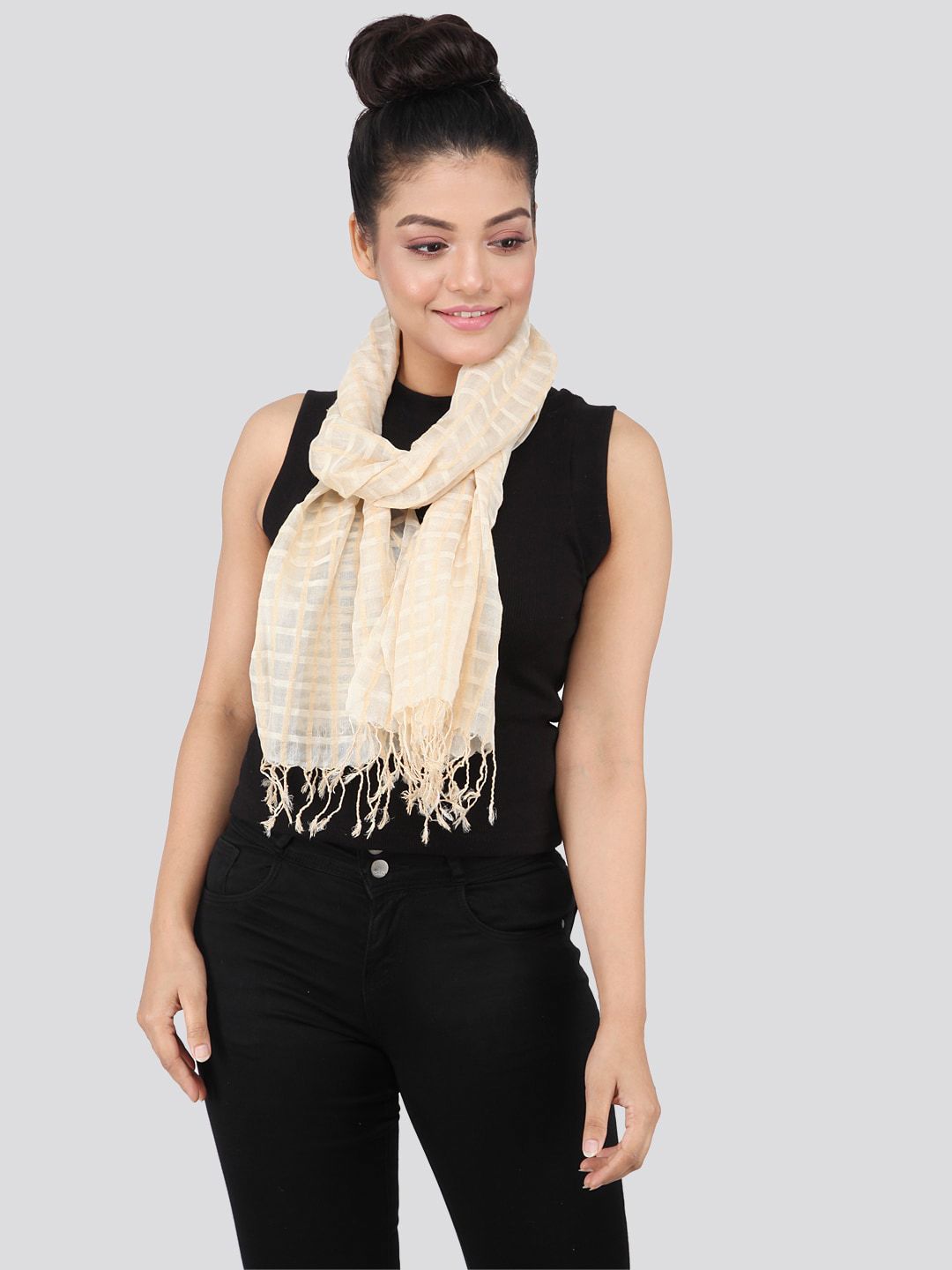 PinkLoom Women Cream-Coloured Checked Silk Sustainable Stole Price in India