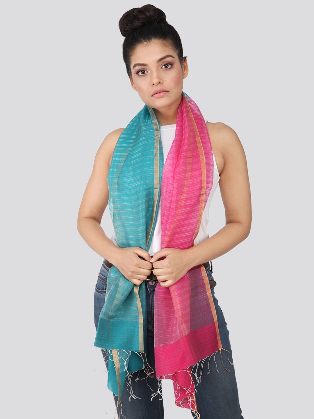 PinkLoom Women Pink & Turquoise Blue Colourblocked Silk Sustainable Stole Price in India