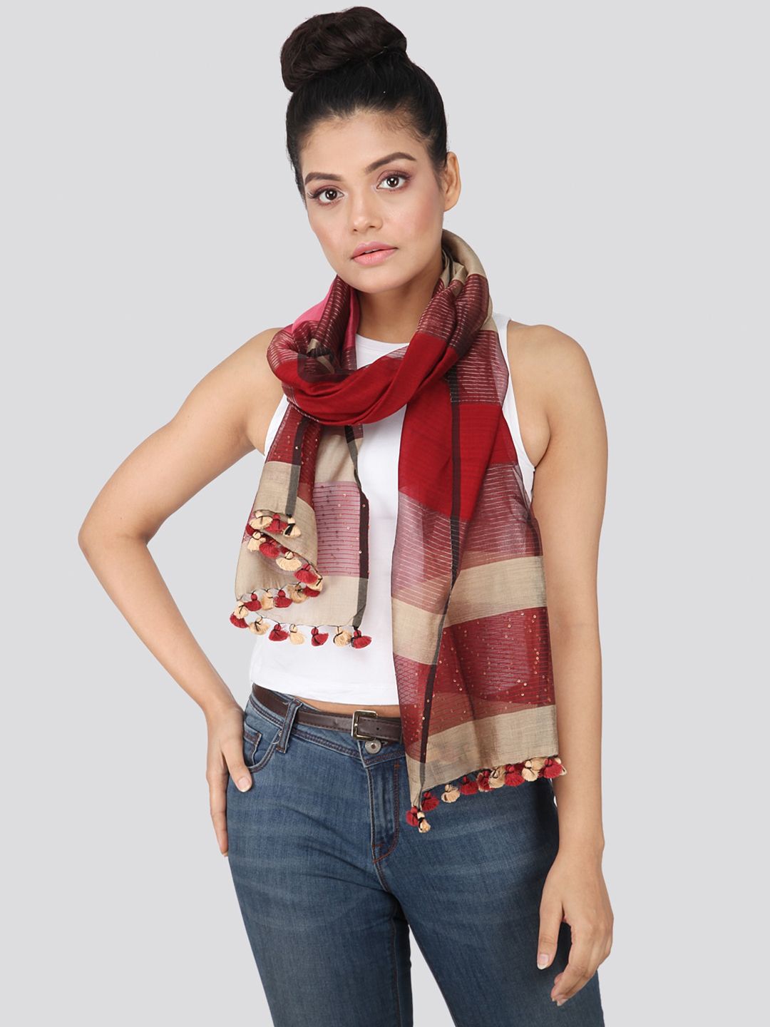 PinkLoom Women Red & Cream-Coloured Colourblocked Sustainable Stole Price in India