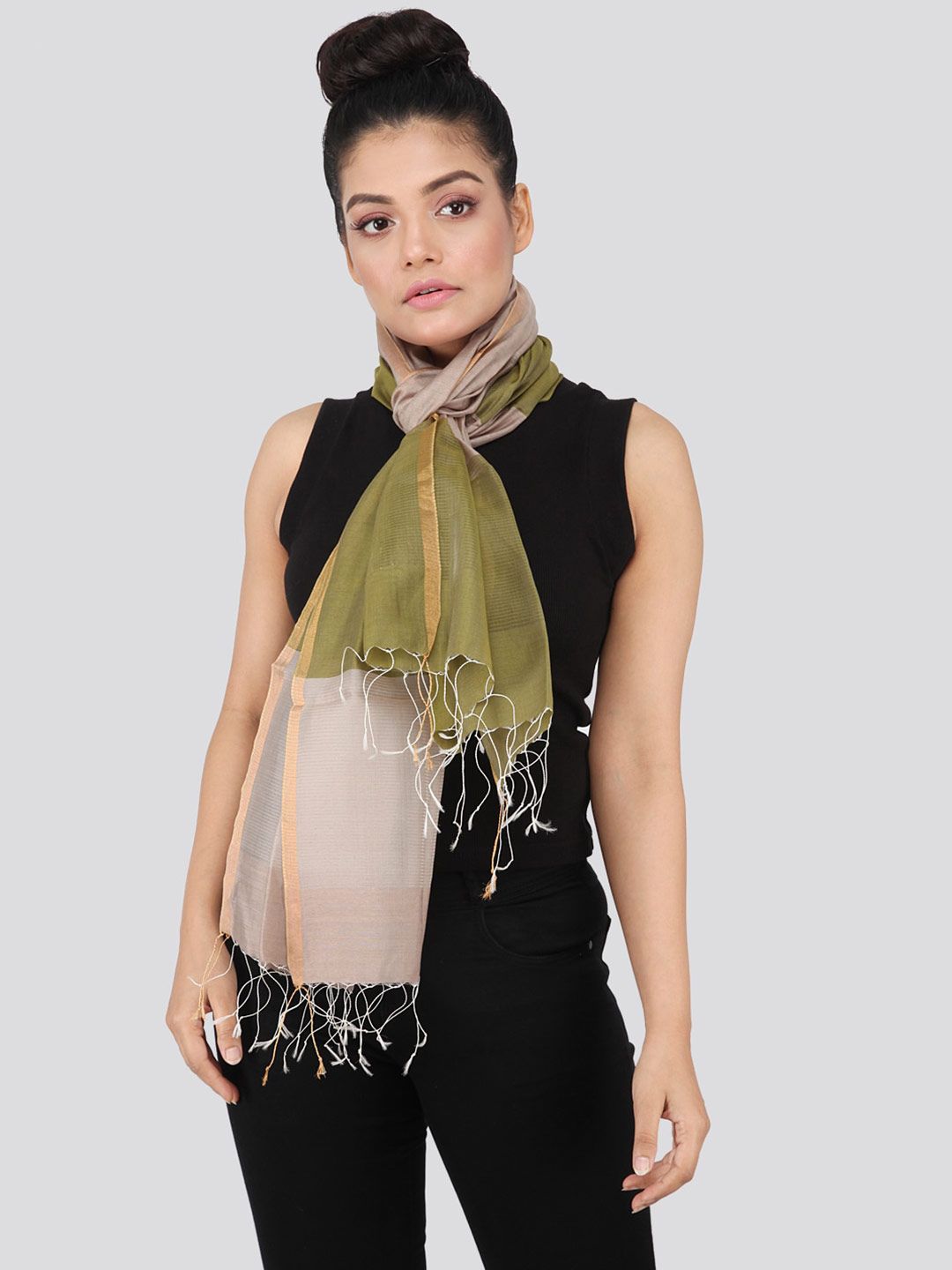 PinkLoom Women Green & Beige Colourblocked Sustainable Stole Price in India