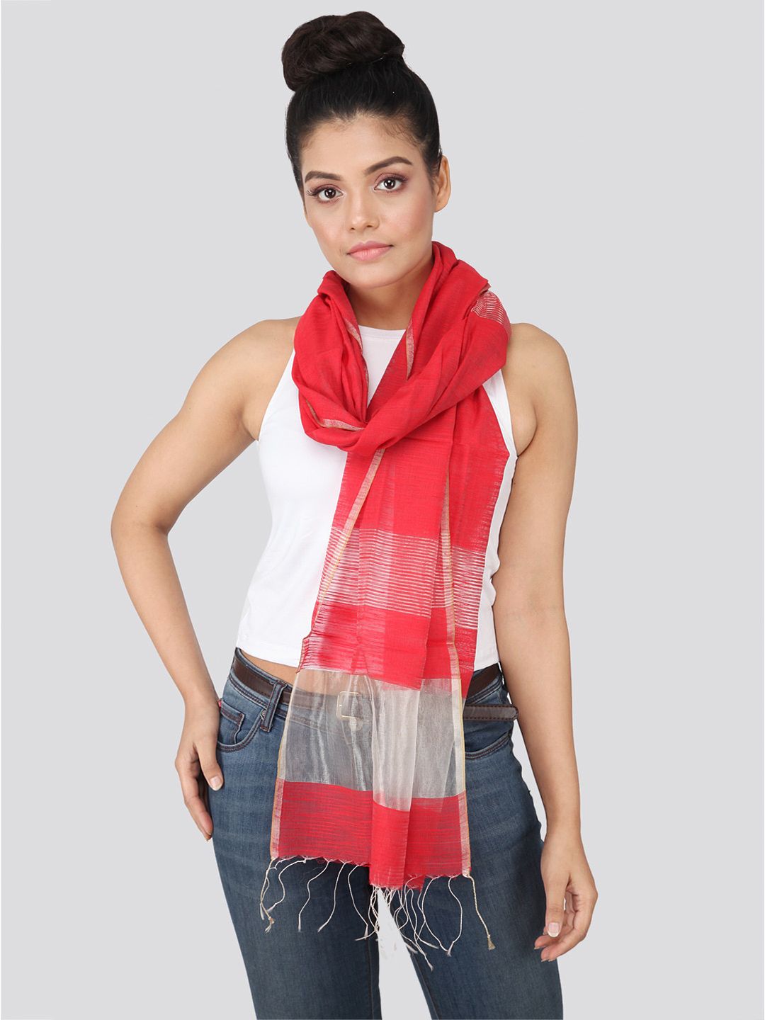 PinkLoom Women Red Colourblocked Sustainable Stole Price in India