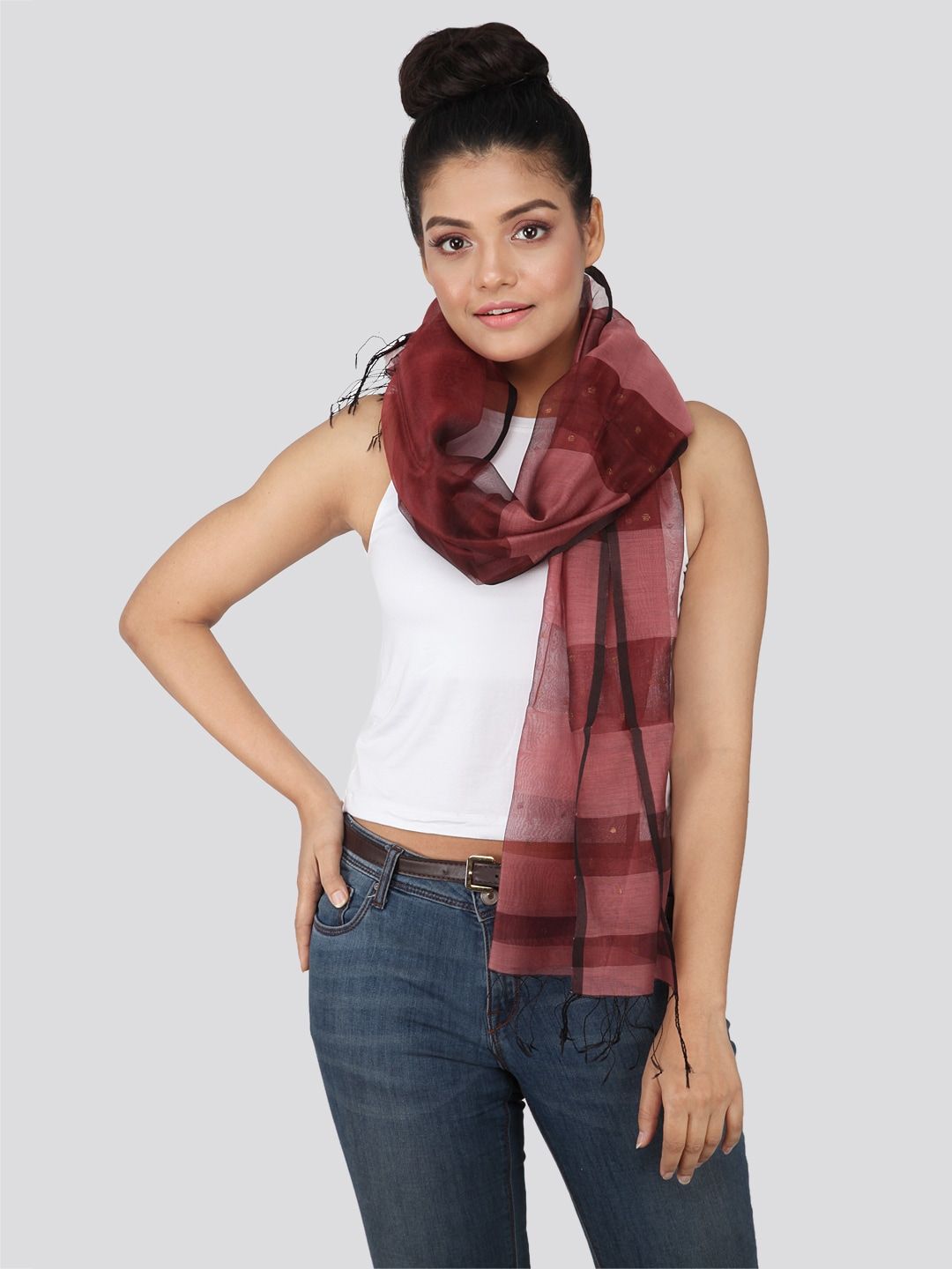 PinkLoom Women Maroon Woven Design Sustainable Stole Price in India