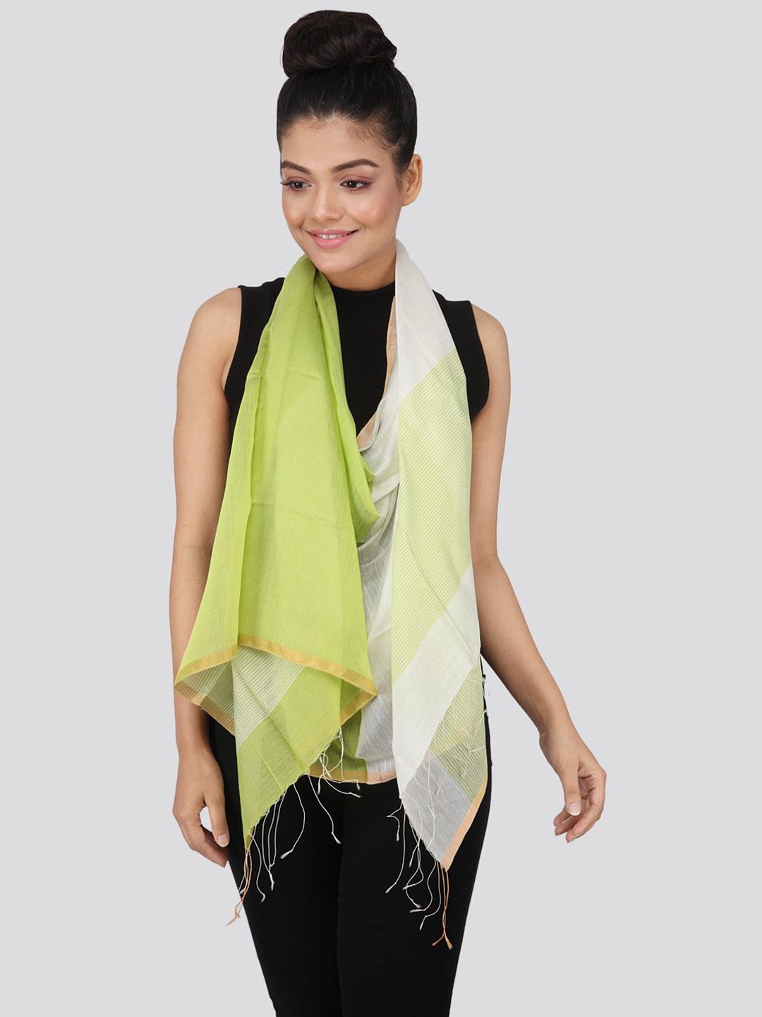 PinkLoom Women Green & White Striped Sustainable Stole Price in India