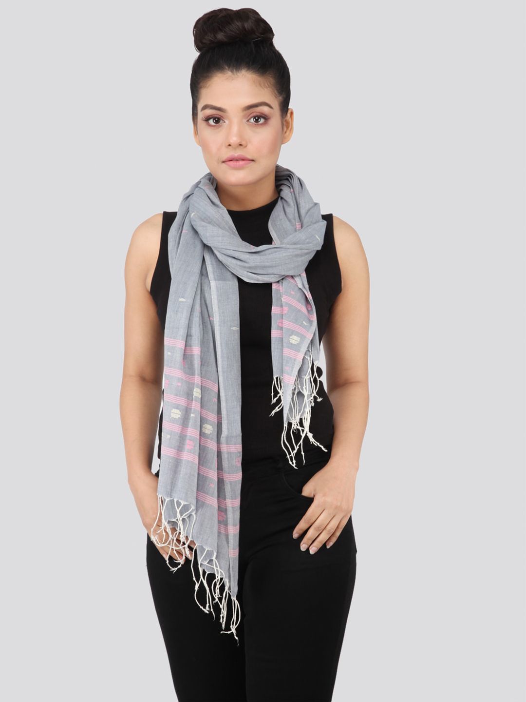 PinkLoom Women Grey & Pink Woven Design Pure Cotton Sustainable Stole Price in India