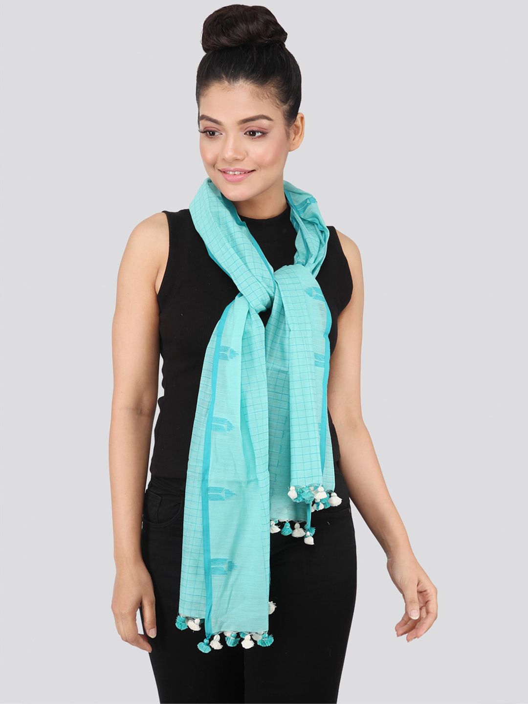 PinkLoom Women Sea Green Checked Silk Cotton Sustainable Stole Price in India