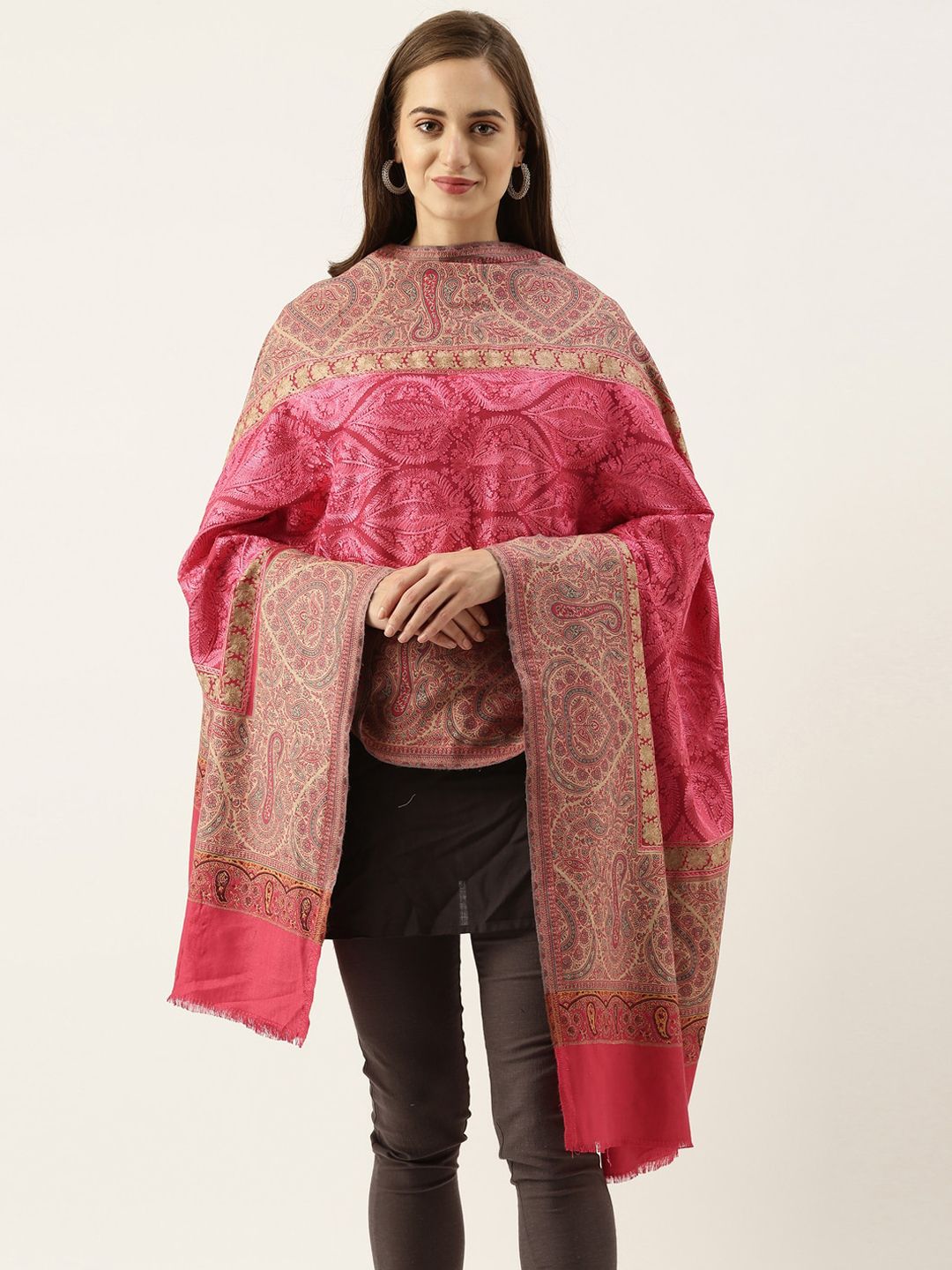 Pashmoda Women Pink & Beige Woven Design Jamawar Shawl Price in India