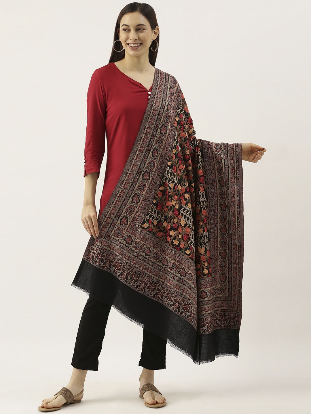 Pashmoda Women Black Woven Design Jamawar Shawl Price in India