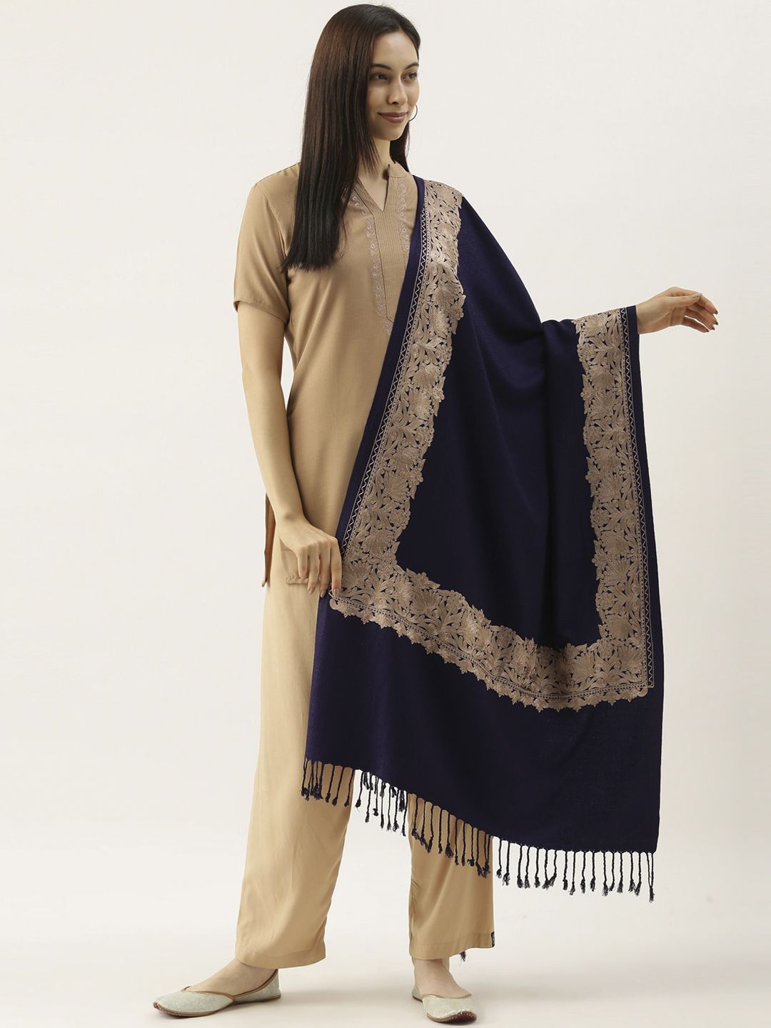 Pashmoda Women Navy Blue & Golden Embroidered Shawl Price in India