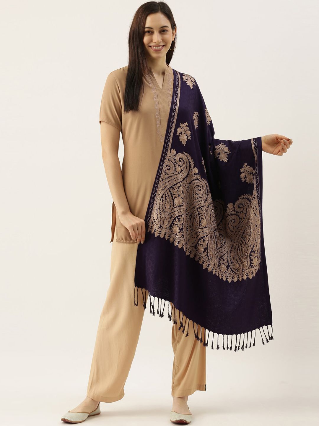 Pashmoda Women Navy Blue & Beige Aari Embroidered Shawl Price in India