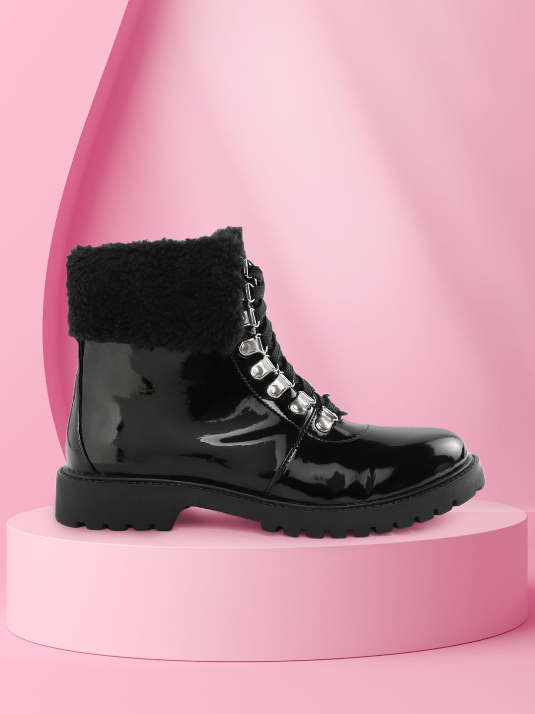 CORSICA Women Black Patent Finish Mid-Top Flat Boots Price in India