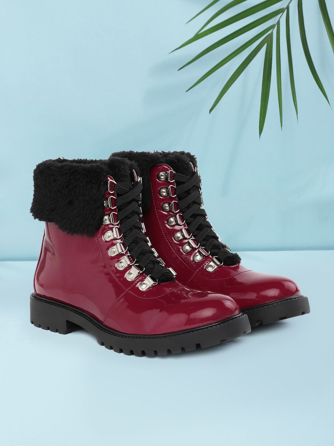 CORSICA Women Maroon Patent Finish Mid-Top Flat Boots Price in India