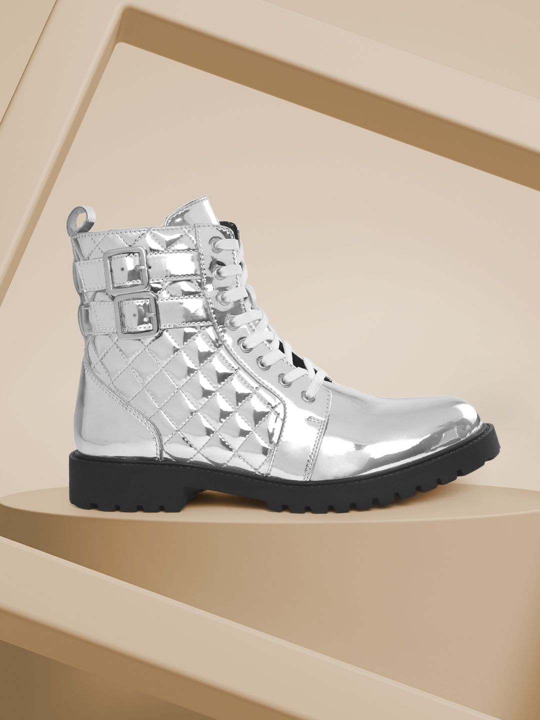 CORSICA Women Silver-Toned Quilted Patent Finish Mid-Top Flat Boots Price in India