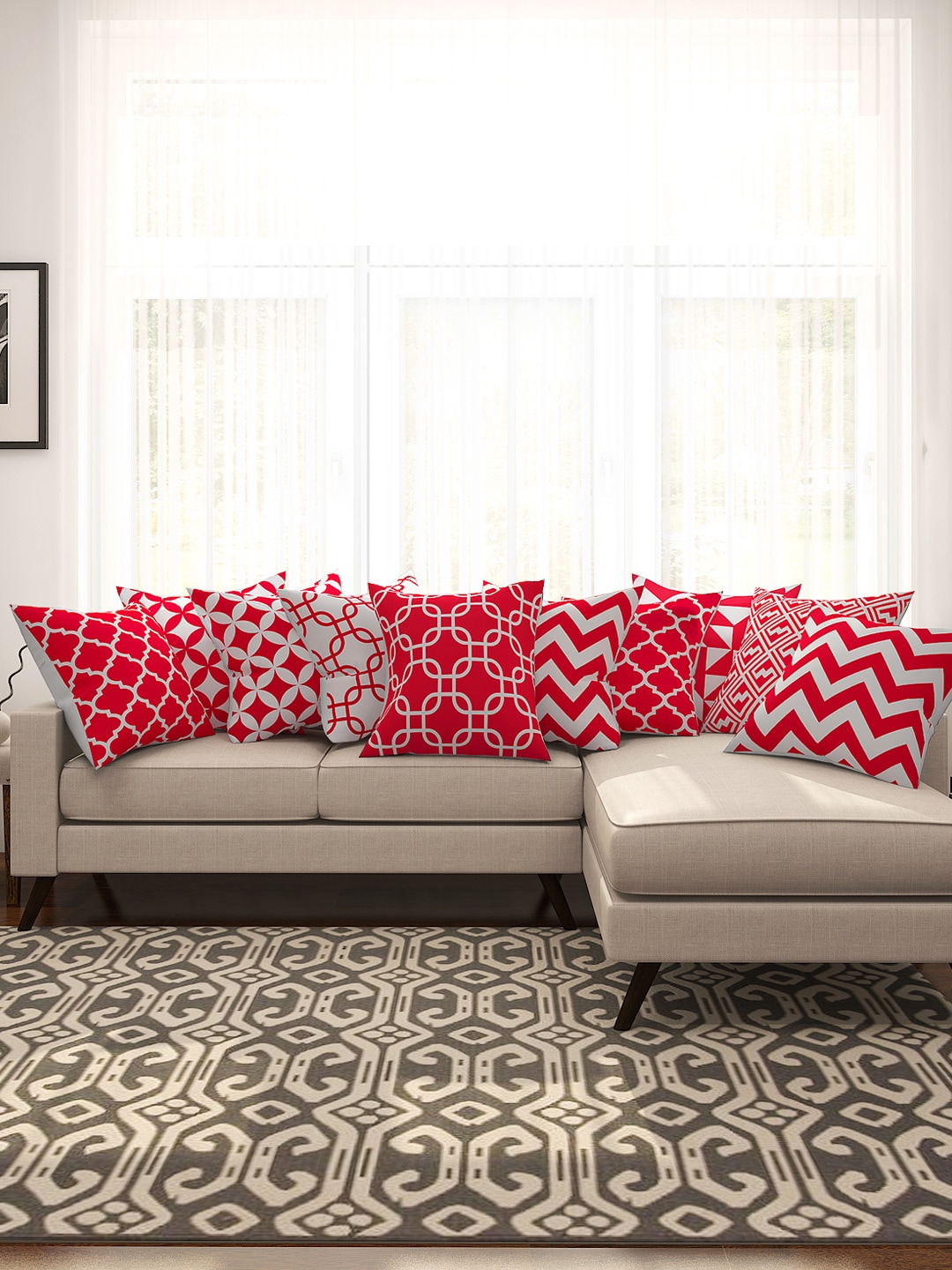 SEJ by Nisha Gupta Red & White Set of 10 Printed 16'' x 16'' Square Cushion Covers Price in India