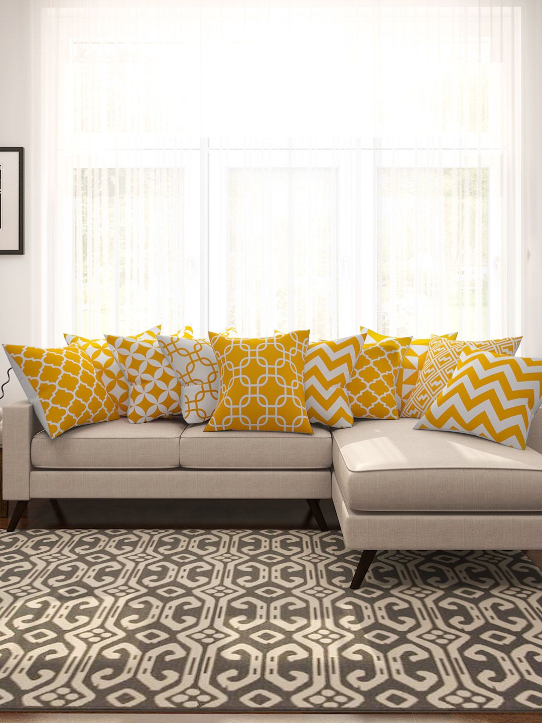 SEJ by Nisha Gupta Yellow & White Set of 10 Printed 16'' x 16'' Square Cushion Covers Price in India