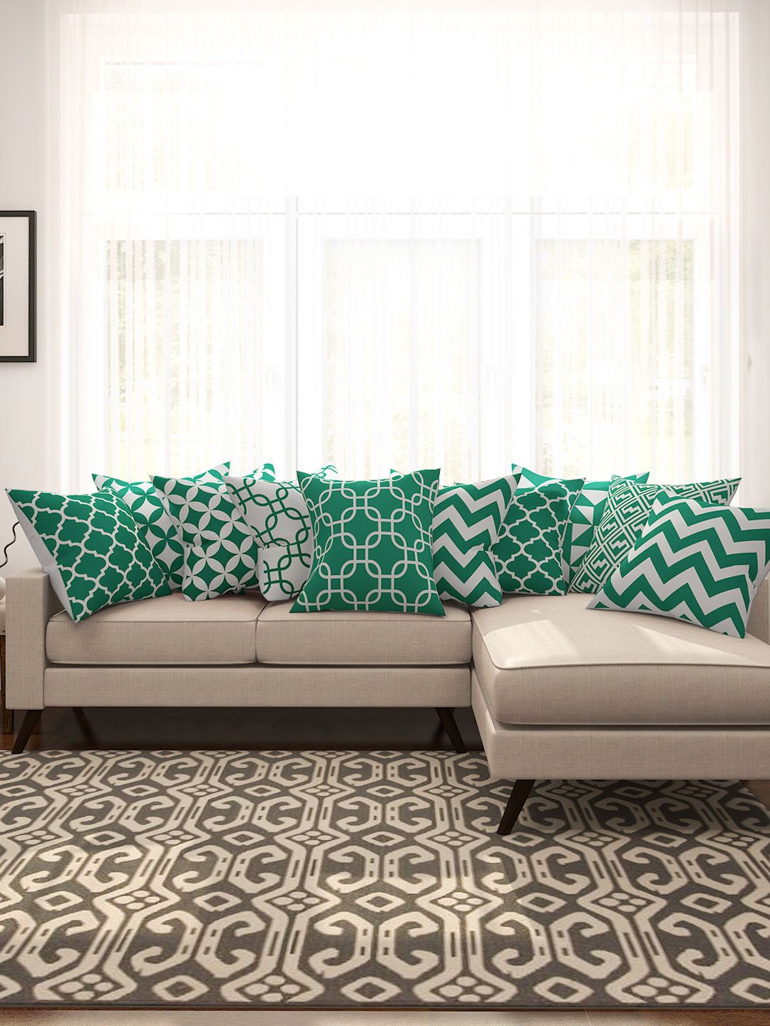 SEJ by Nisha Gupta Green & White Set of 10 Printed 16'' x 16'' Square Cushion Covers Price in India