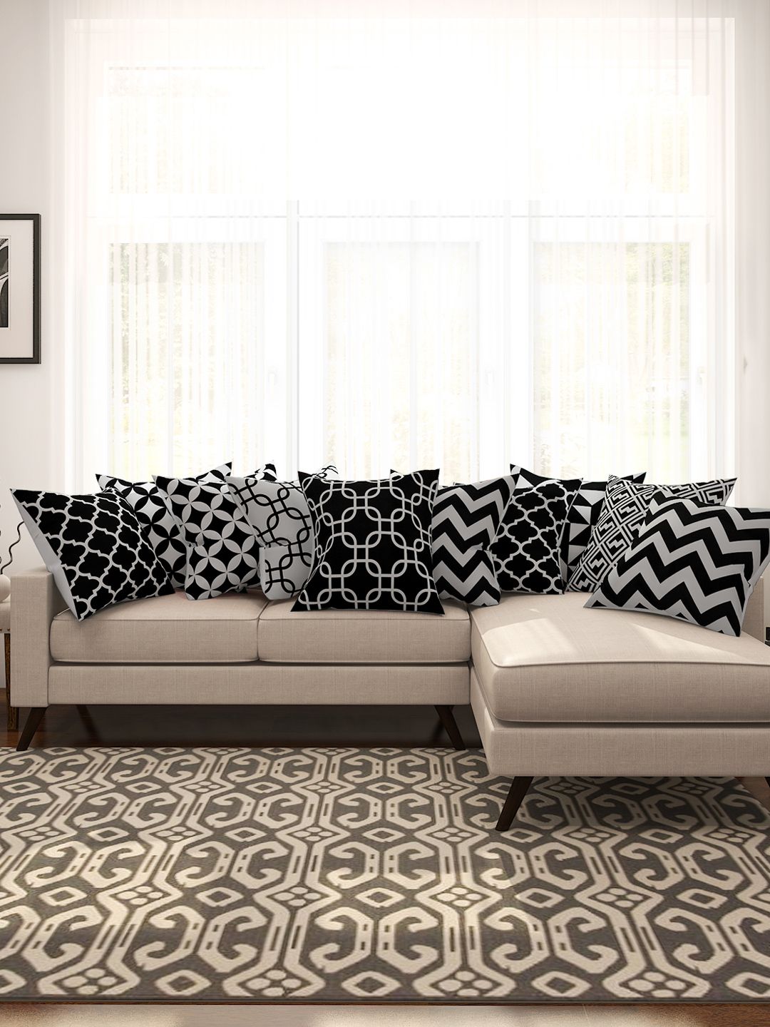 SEJ by Nisha Gupta Black & White Set of 10 Printed 16'' x 16'' Square Cushion Covers Price in India