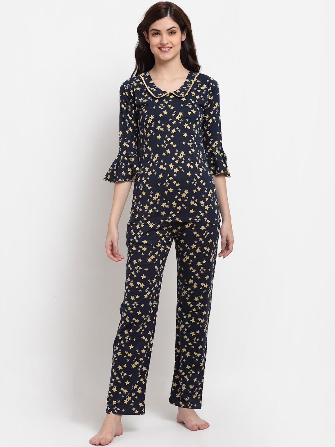 Boston Club Women Navy Blue & Yellow Printed Pure Cotton Night suit Price in India