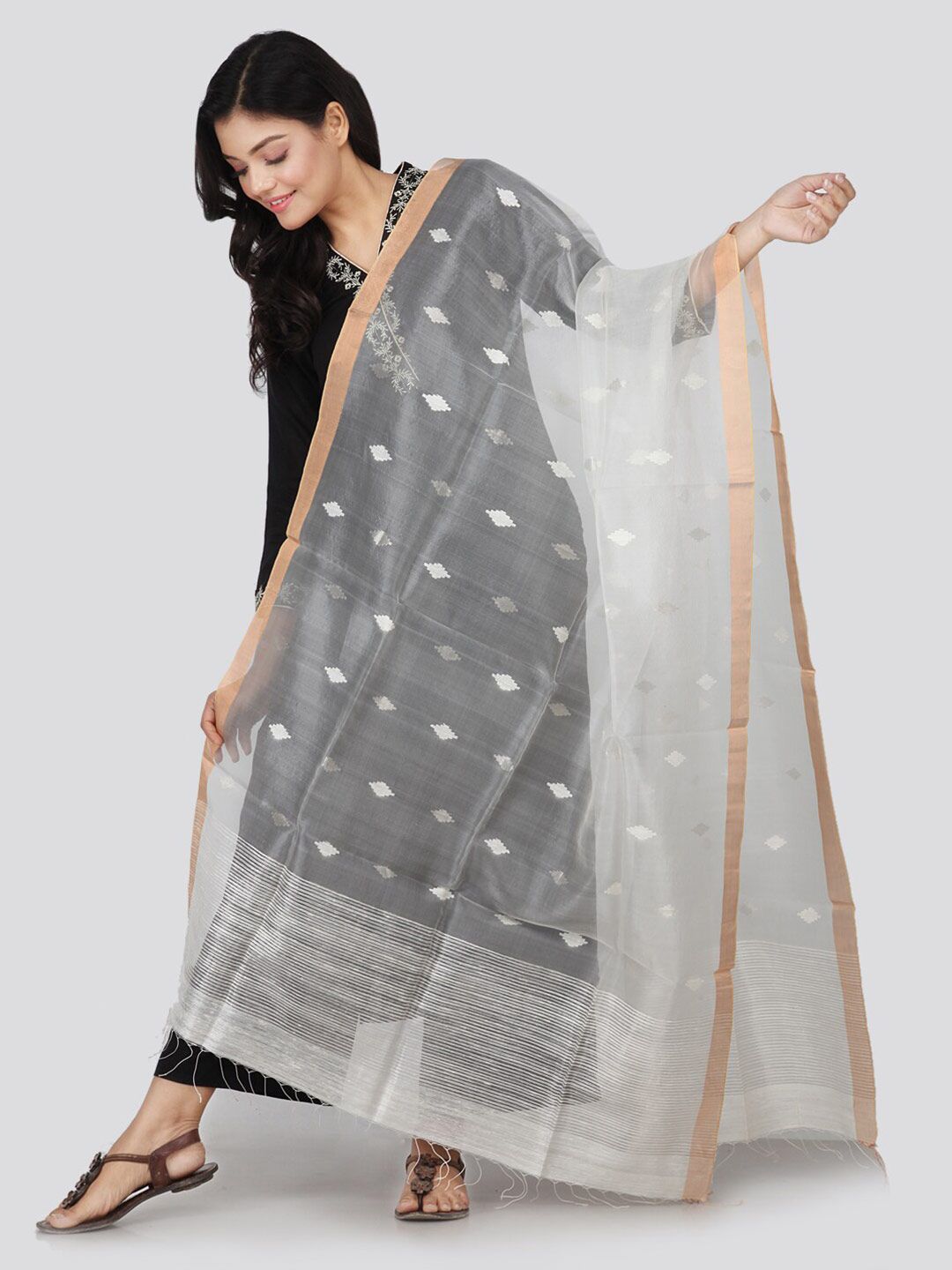 PinkLoom Women White & Gold-Toned Pure Silk Geometric Woven Designed Sustainable Dupatta Price in India