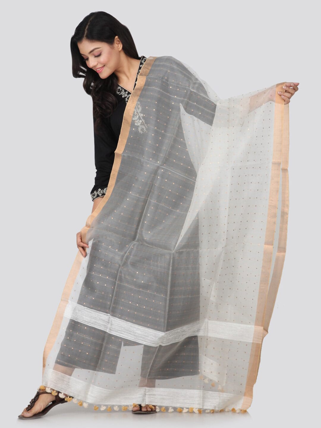 PinkLoom Off White & Gold-Toned Woven Design Pure Silk Sustainable Dupatta Price in India