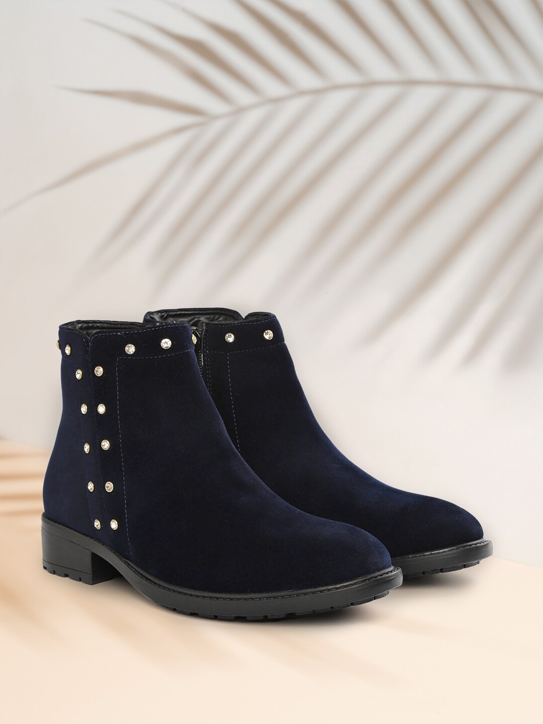 DressBerry Women Navy Blue Solid Flat Boots Price in India