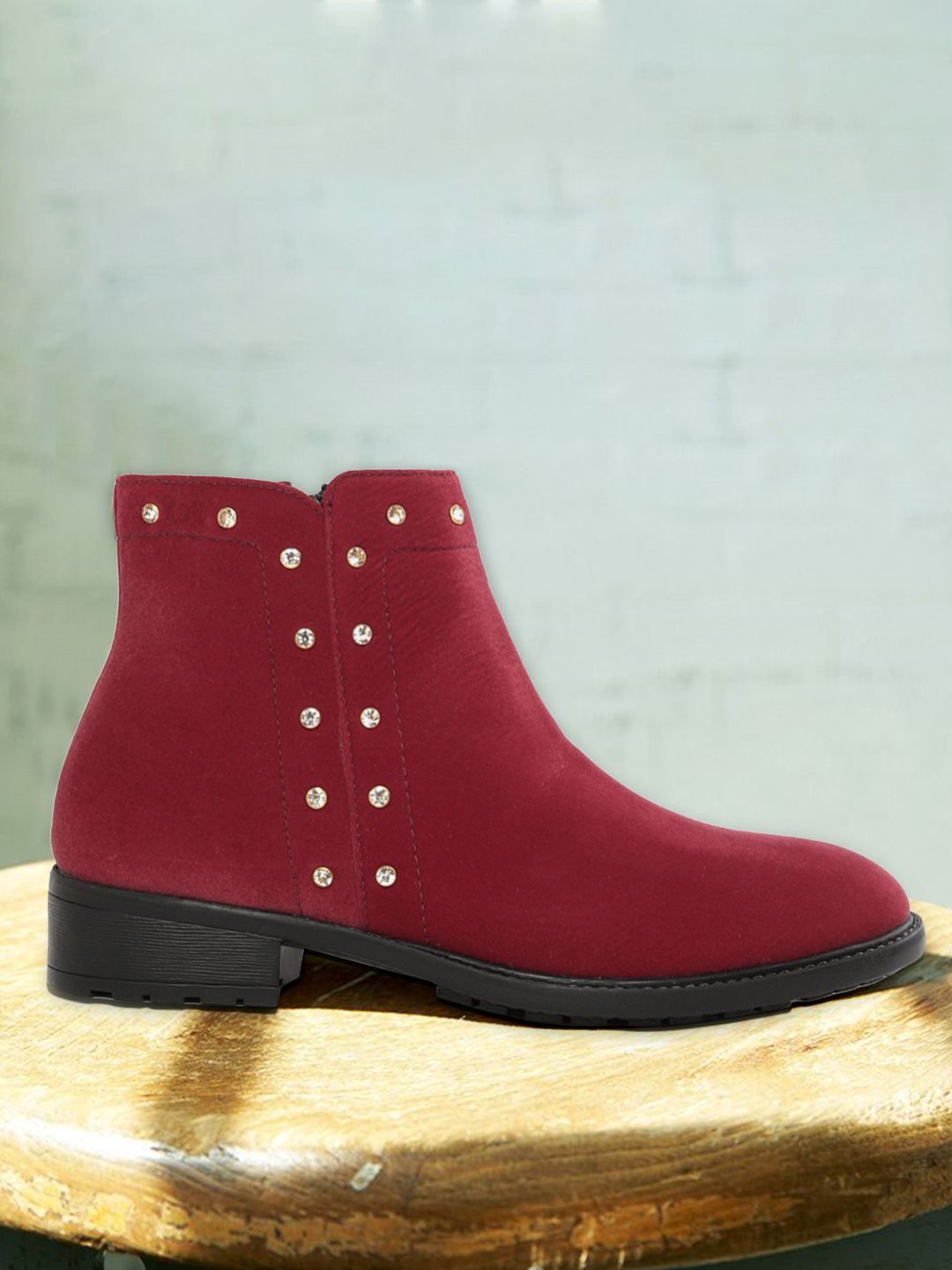 DressBerry Women Maroon Solid Mid-Top Flat Boots with Embellished Detail Price in India