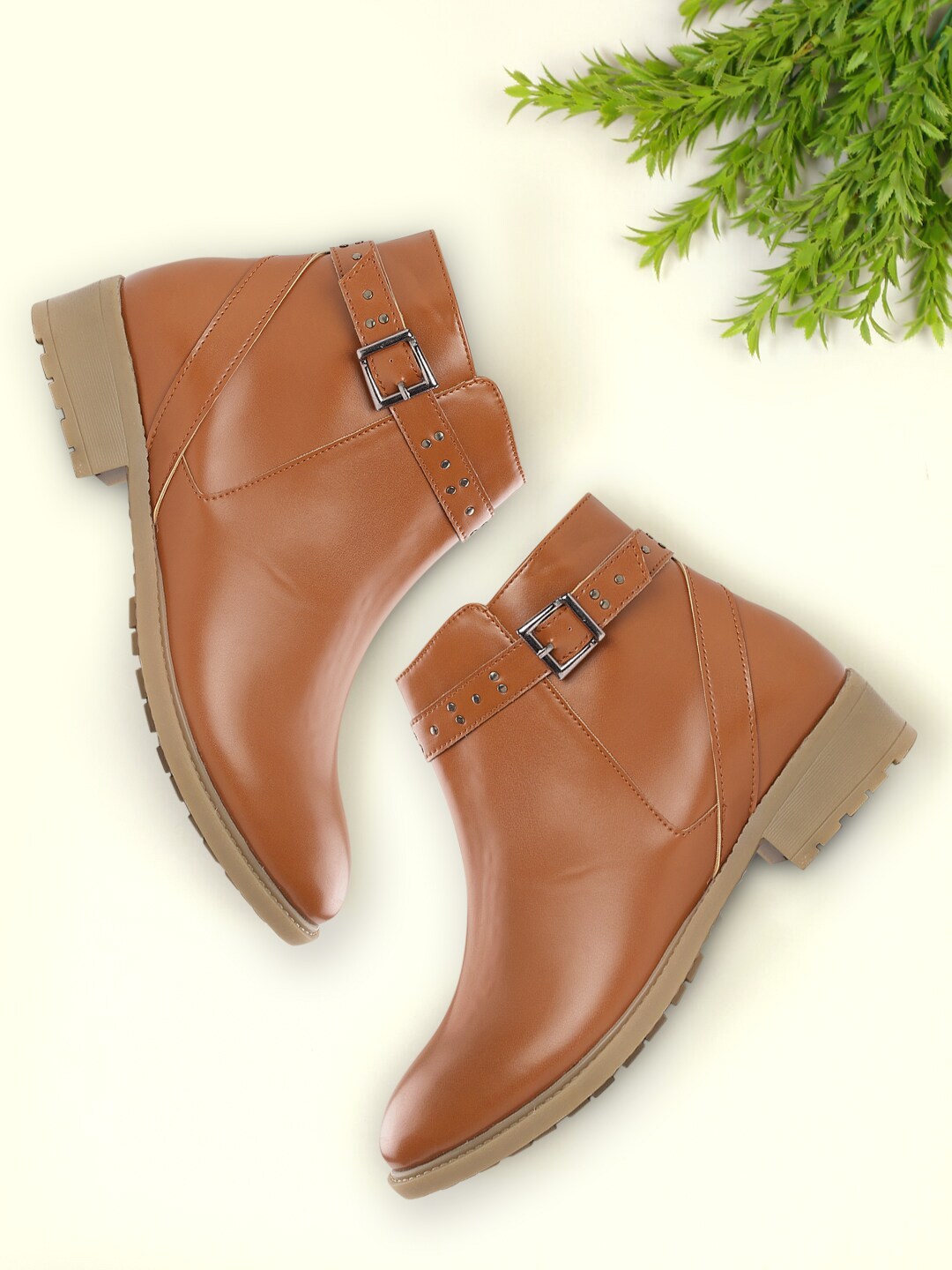 DressBerry Women Tan Brown Solid Mid-Top Flat Boots with Buckle & Studded Detail Price in India