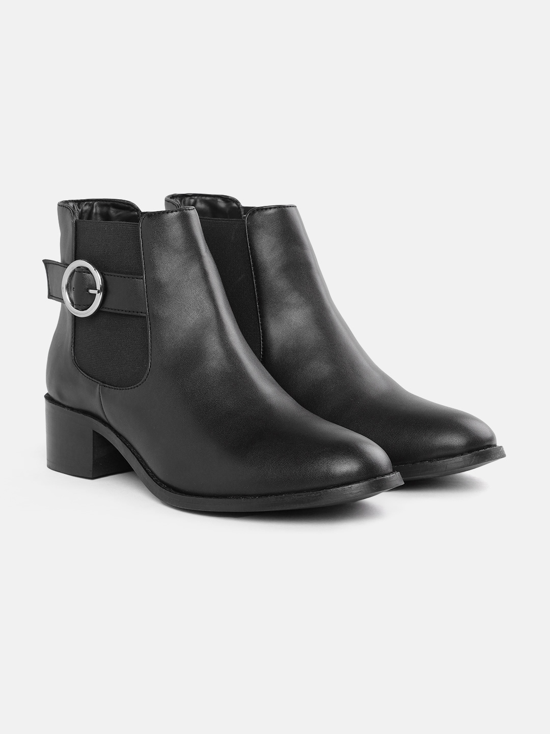 DressBerry Black Solid Block Heel Boots with Buckles Price in India