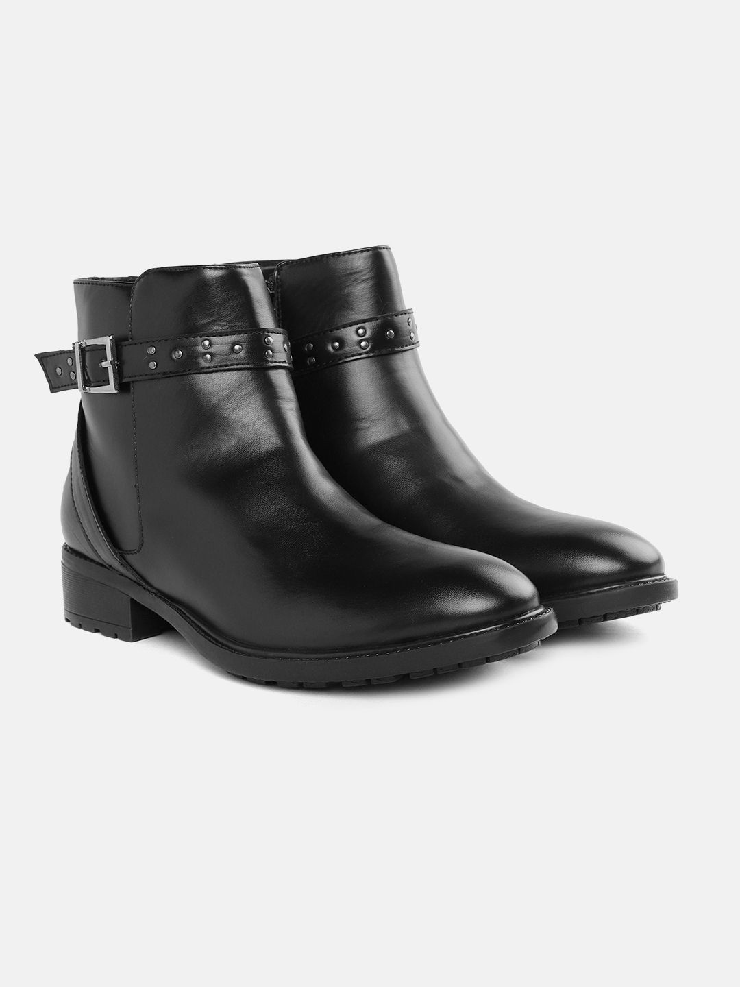DressBerry Women Black Solid Mid-Top Flat Boots with Buckle & Studded Detail Price in India