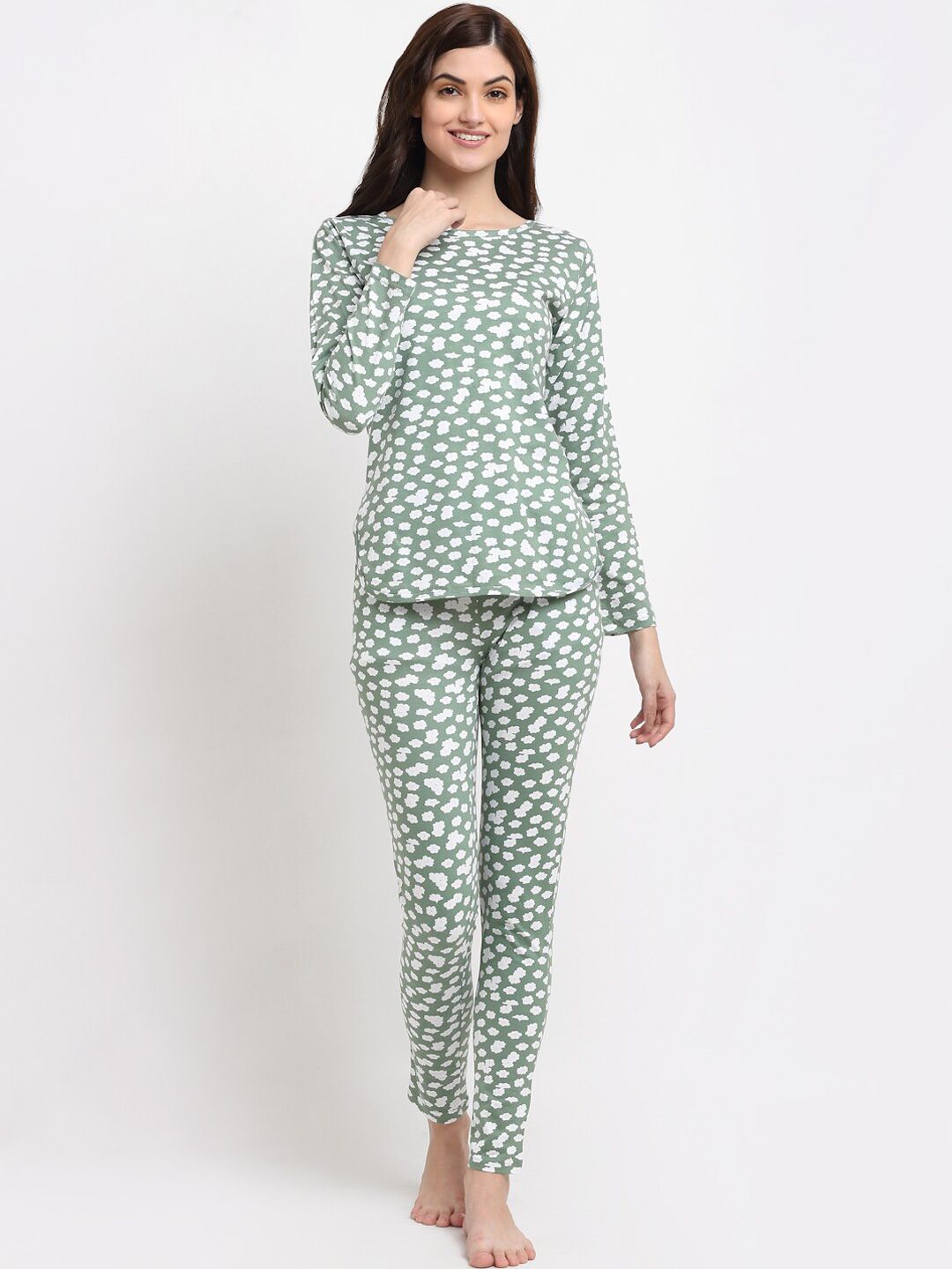 Boston Club Women Cotton Green & White Printed Night Suit Price in India