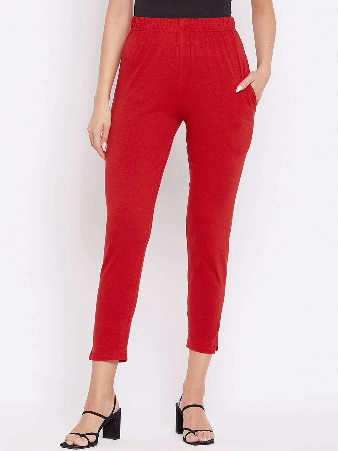 Clora Creation Women Red Solid Three-Fourth Length Leggings Price in India