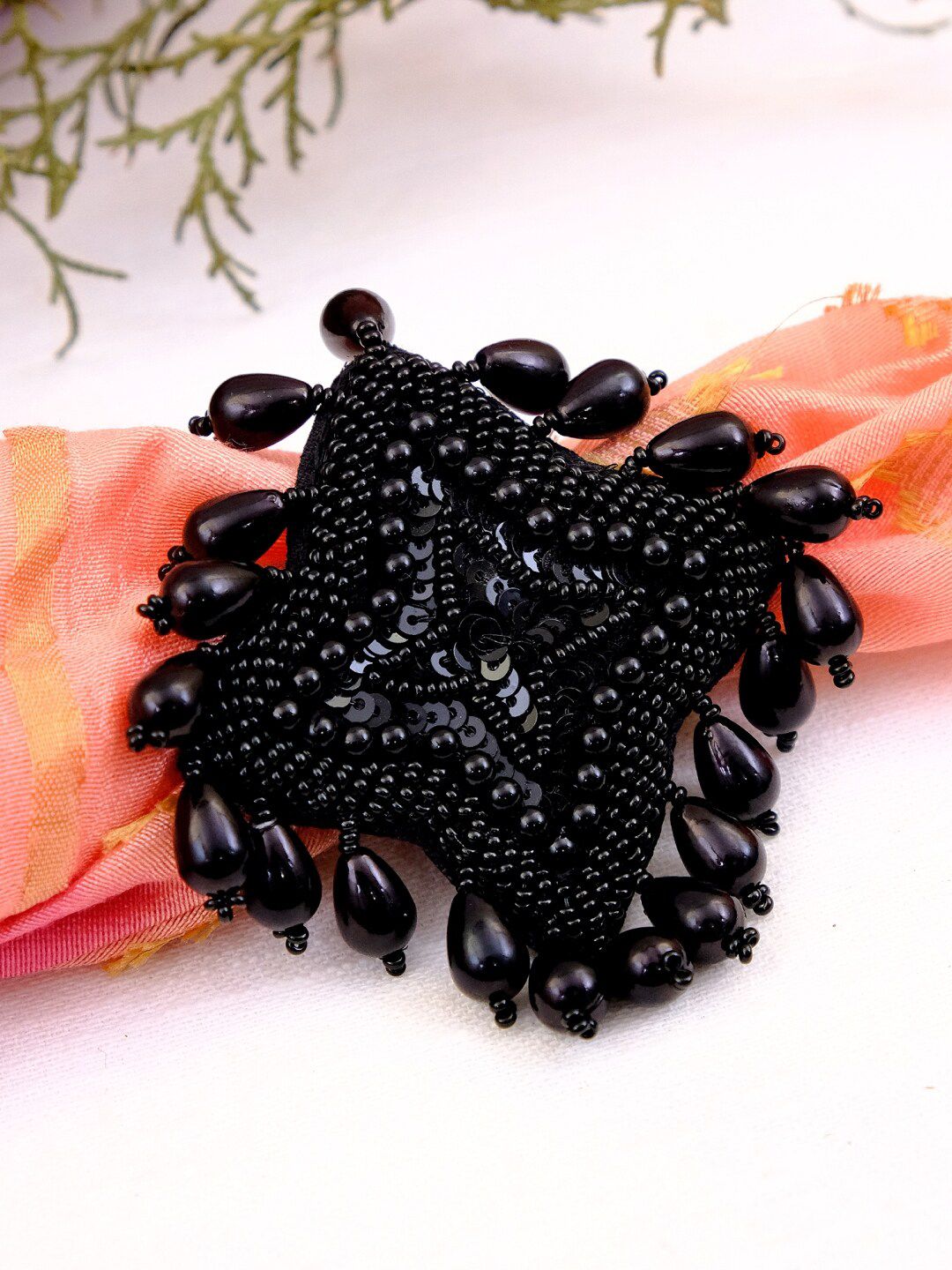 Crunchy Fashion Silver-Plated & Black Beaded Handcrafted Boho Finger Ring Price in India