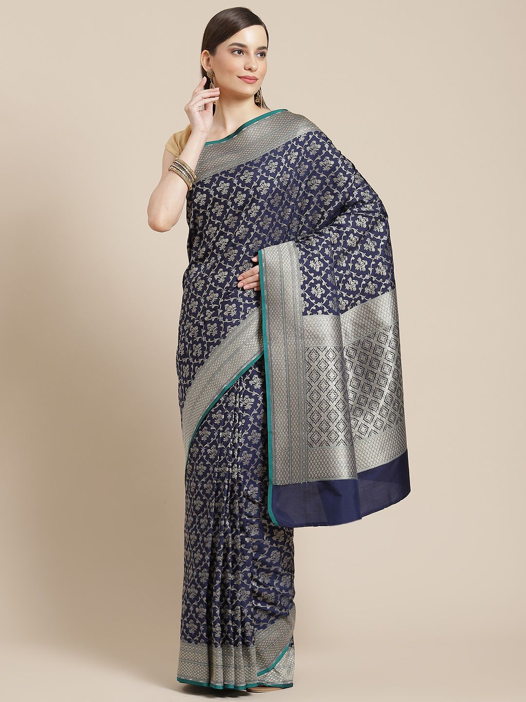 Banarasi Style Navy Blue Floral Silk Blend Banarasi Saree Price in India