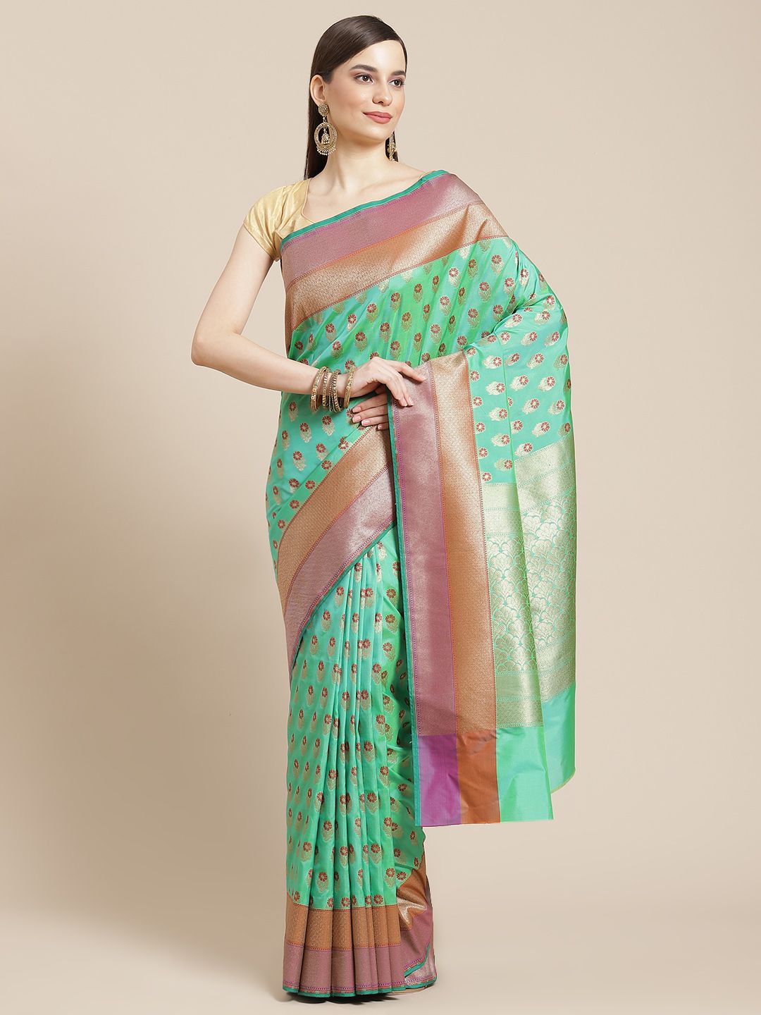 Banarasi Style Sea Green Ethnic Motifs Zari Silk Blend Banarasi Saree Price in India