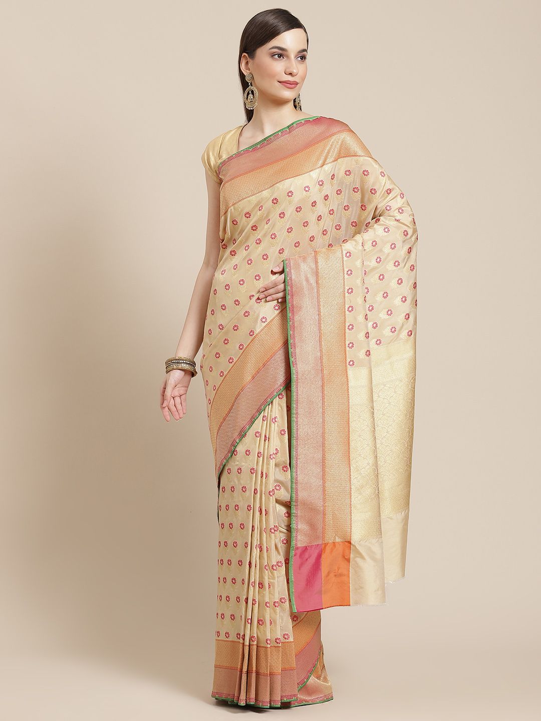 Banarasi Style Beige Ethnic Motifs Zari Silk Blend Banarasi Saree Price in India