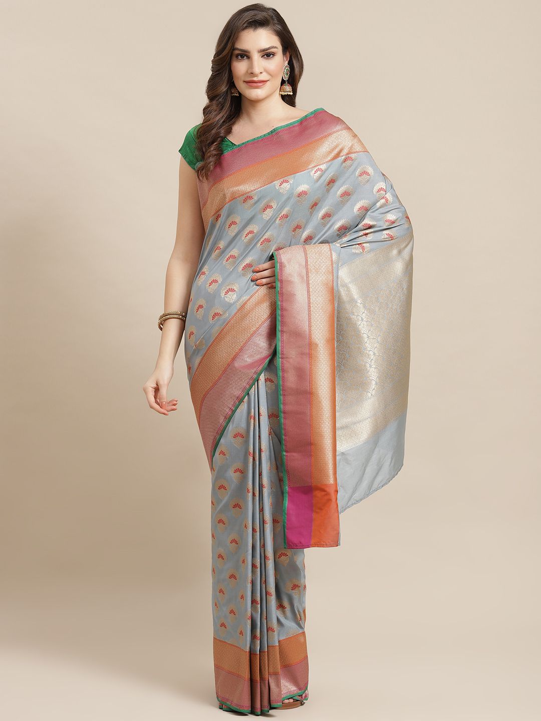 Banarasi Style Grey & Red Meena Zari Woven Design Banarasi Saree Price in India