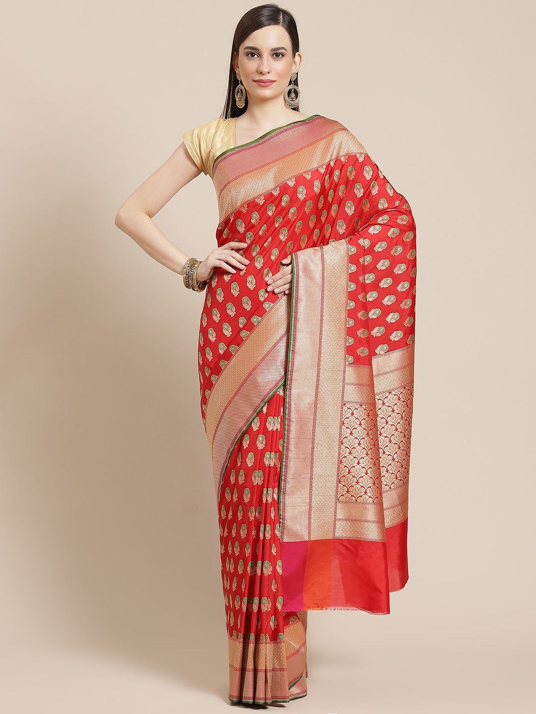 Banarasi Style Red Ethnic Motifs Zari Silk Blend Banarasi Saree Price in India