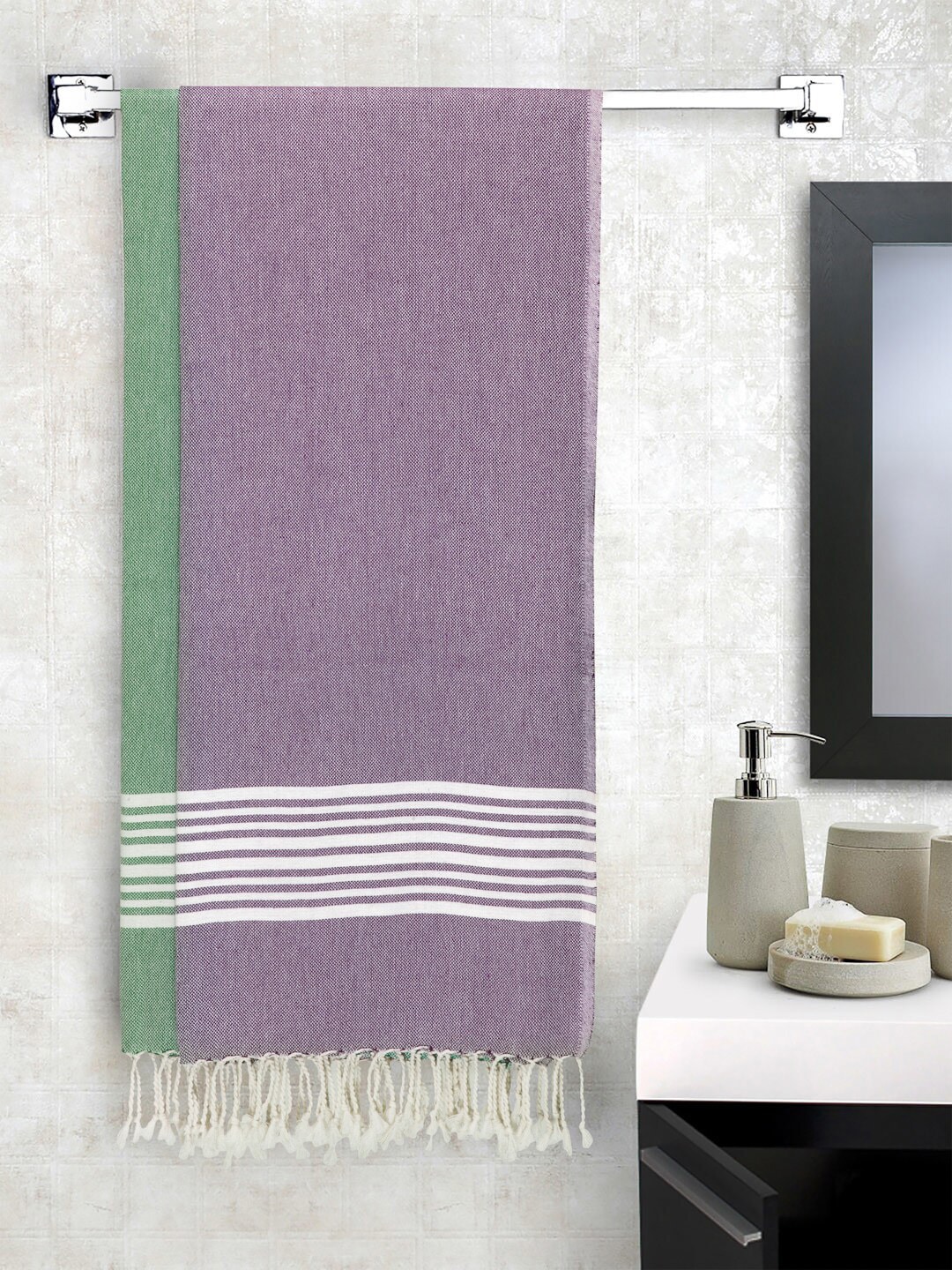 Arrabi Set Of 2 Purple & Green Handwoven 210 GSM Cotton Bath Towels Price in India