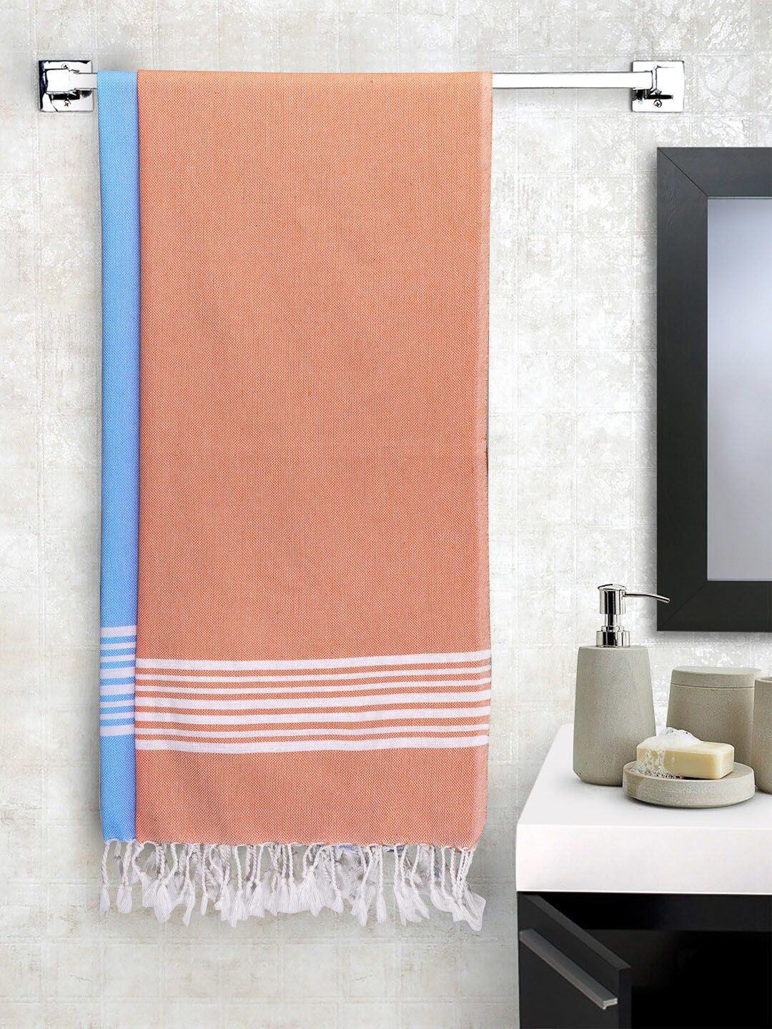 Arrabi Set Of 2 Blue & Orange Striped Handwoven Cotton 210 GSM Bath Towel Price in India