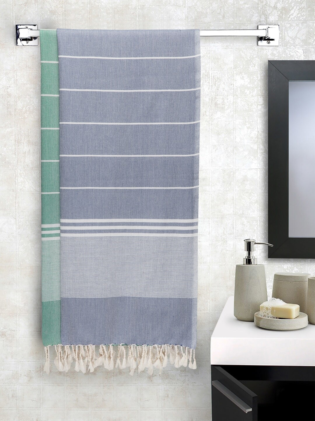 Arrabi Set Of 2 Grey & Green Striped Handwoven Cotton 210 GSM Bath Towel Price in India