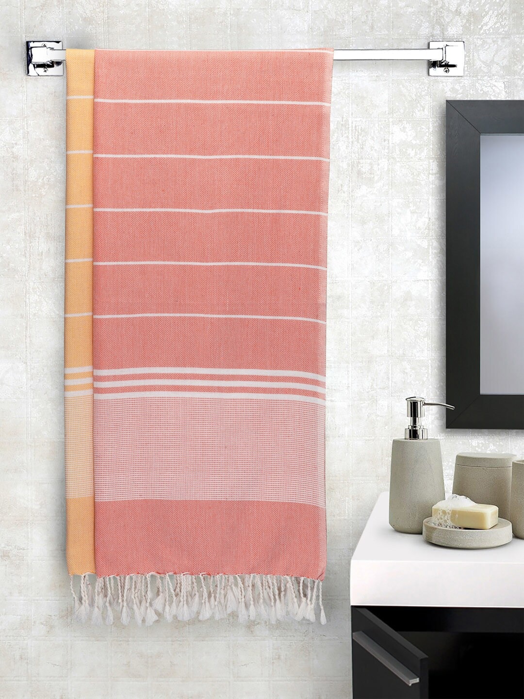Arrabi Set Of 2 Pink & Orange Striped Cotton 210 GSM Bath Towels Price in India