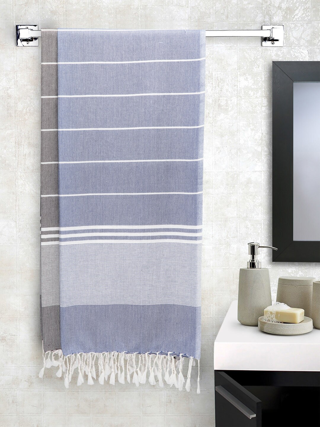 Arrabi Unisex Set Of 2 Blue & Grey Striped Cotton Bath Towels Price in India