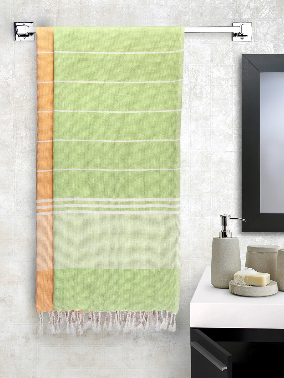 Arrabi Set Of 2 Green & Orange Handwoven 210 GSM Cotton Bath Towels Price in India