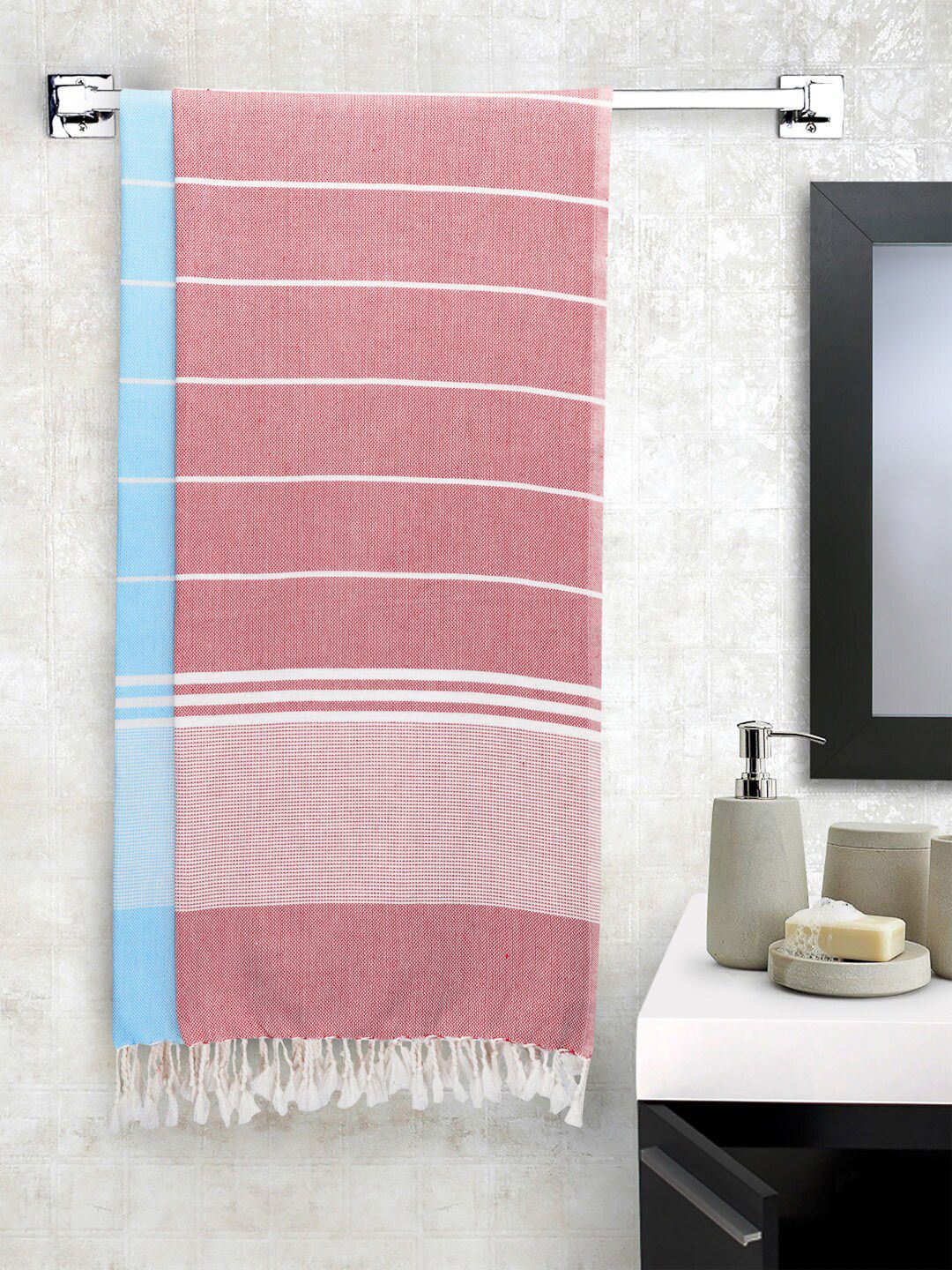 Arrabi Set Of 2 Maroon & Blue Striped Cotton Bath Towels Price in India